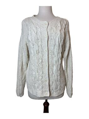 Elements Spiegel Cream Cable Knit Button-Up Sweater Cardigan Silk Fishermen